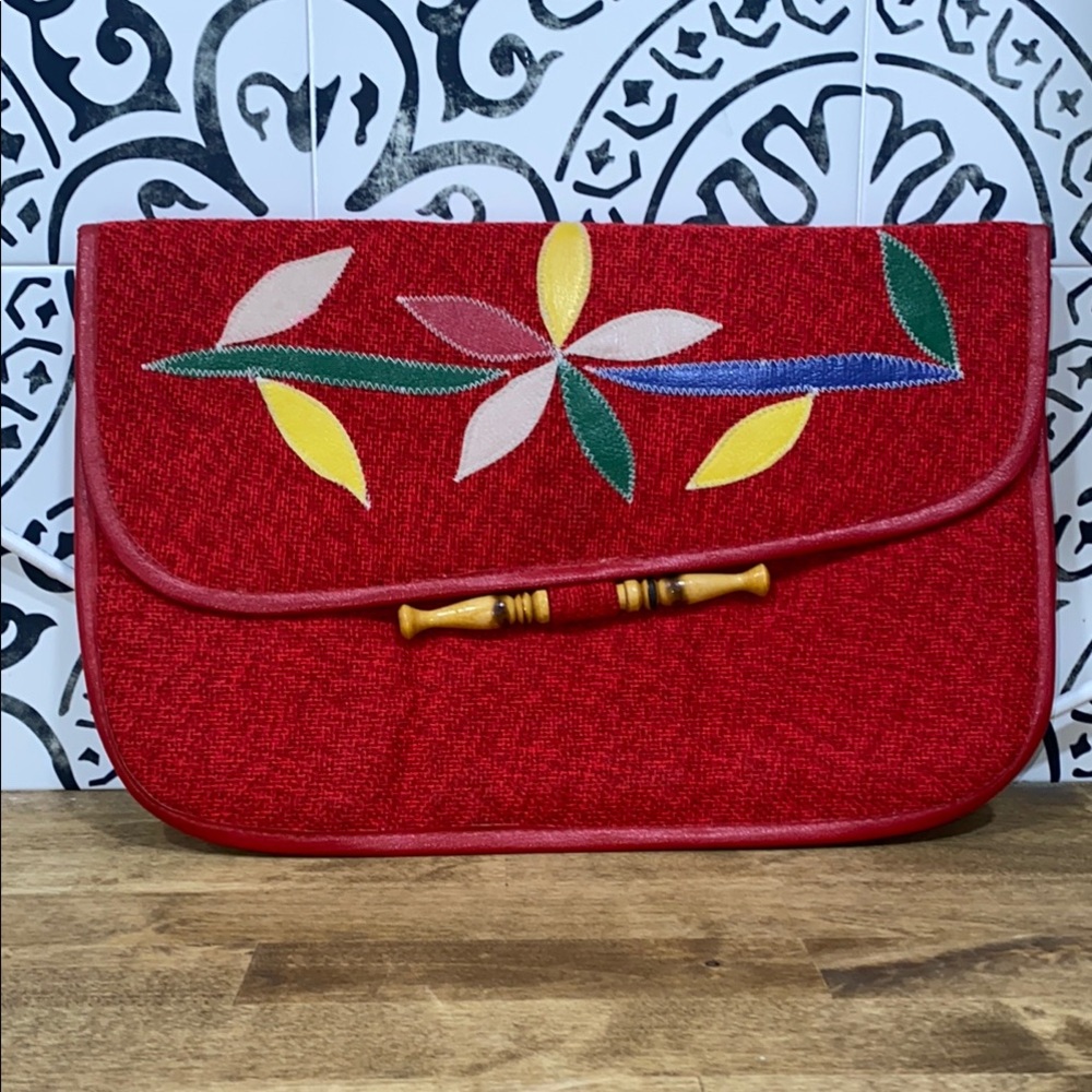 Vintage Red Clutch Wristlet with Floral Designs